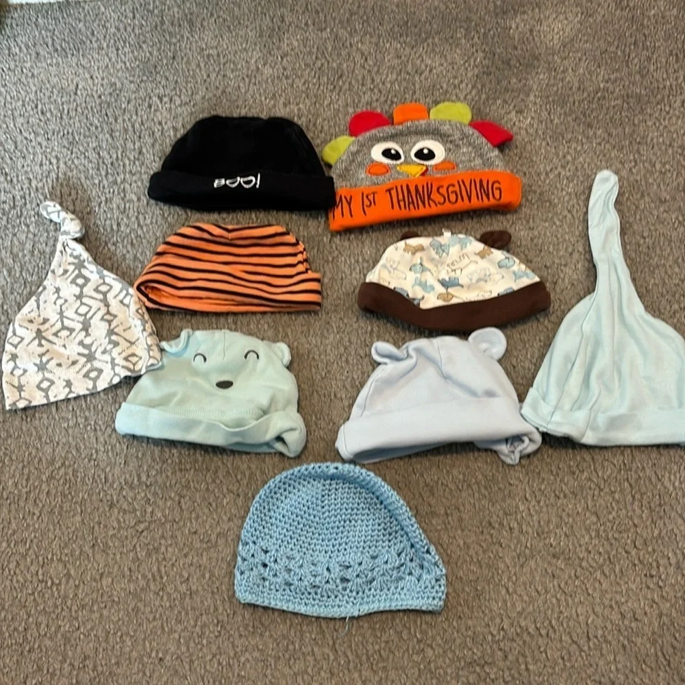 Set of 9 baby hats- first Thanksgiving, Boo Halloween hat and more!